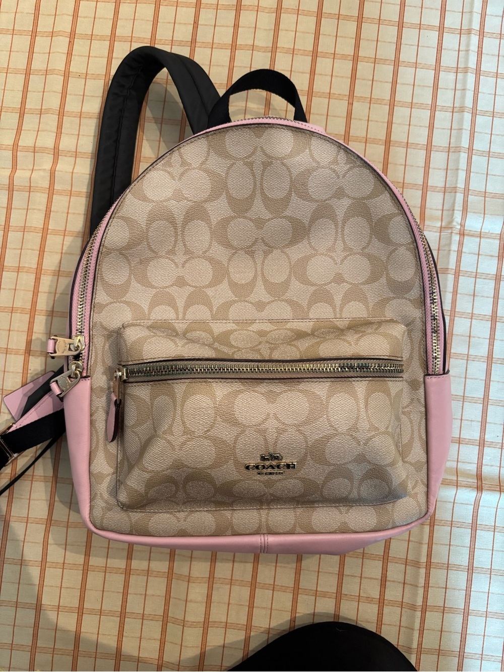 Coach Beige Signature Canvas Backpack with Pink Trim